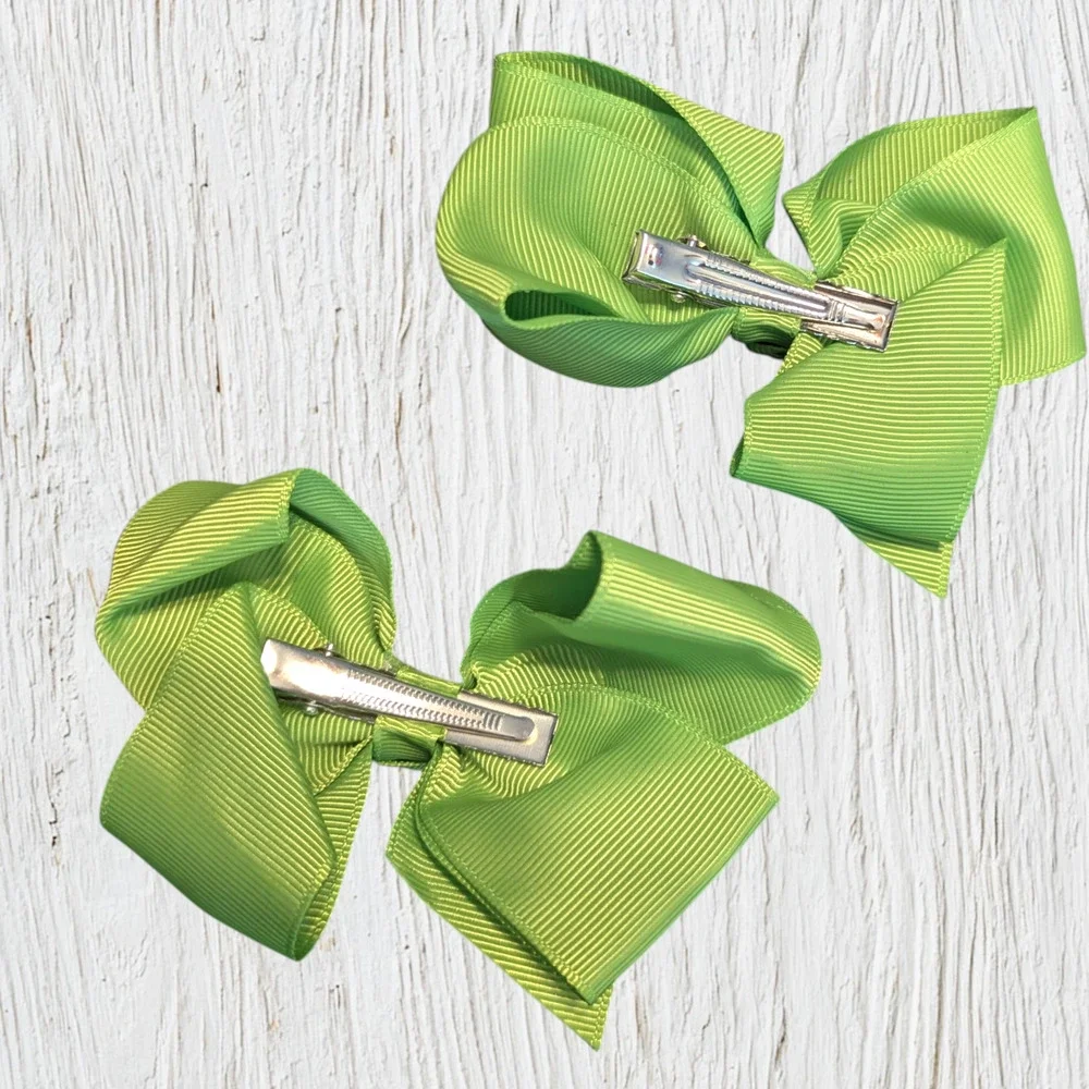Set of 2 Lime Green Grosgrain Hair Bows 3